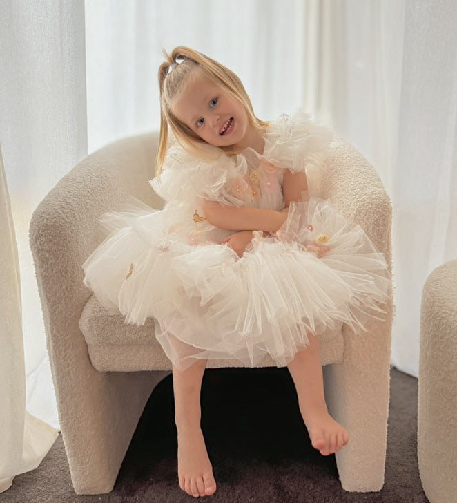 "Seraphina" 3d Flower and Butterfly Girls Tulle Dress with Wings - White
