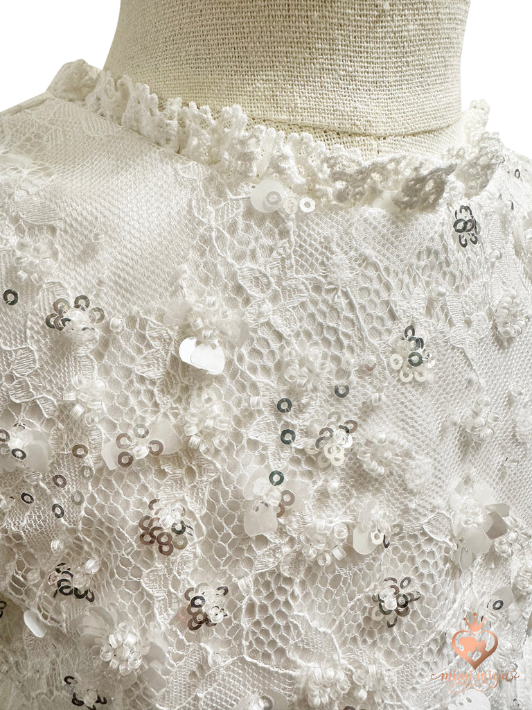 “Victoria” Girl’s Christening Dress / Gown with Detachable Overskirt in Sequinned Chantilly Lace - 2 styles in 1