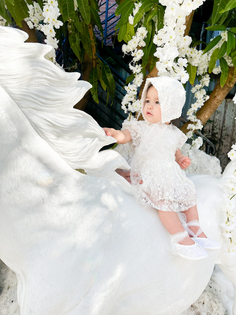 “Victoria” Girl’s Christening Dress / Gown with Detachable Overskirt in Sequinned Chantilly Lace - 2 styles in 1