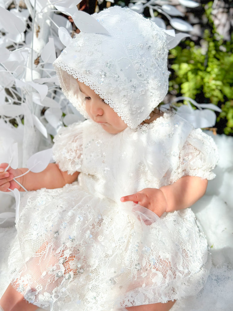 “Victoria” Girl’s Christening Dress / Gown with Detachable Overskirt in Sequinned Chantilly Lace - 2 styles in 1