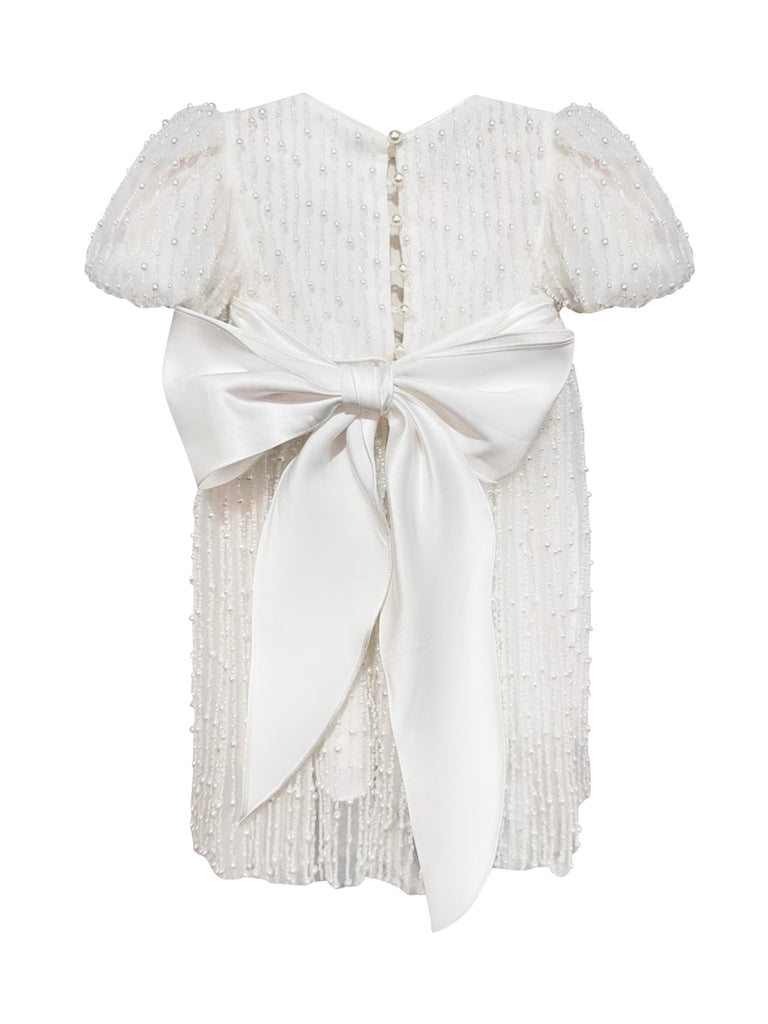 "Anja" Girl's Pearl Christening Dress with Feathers