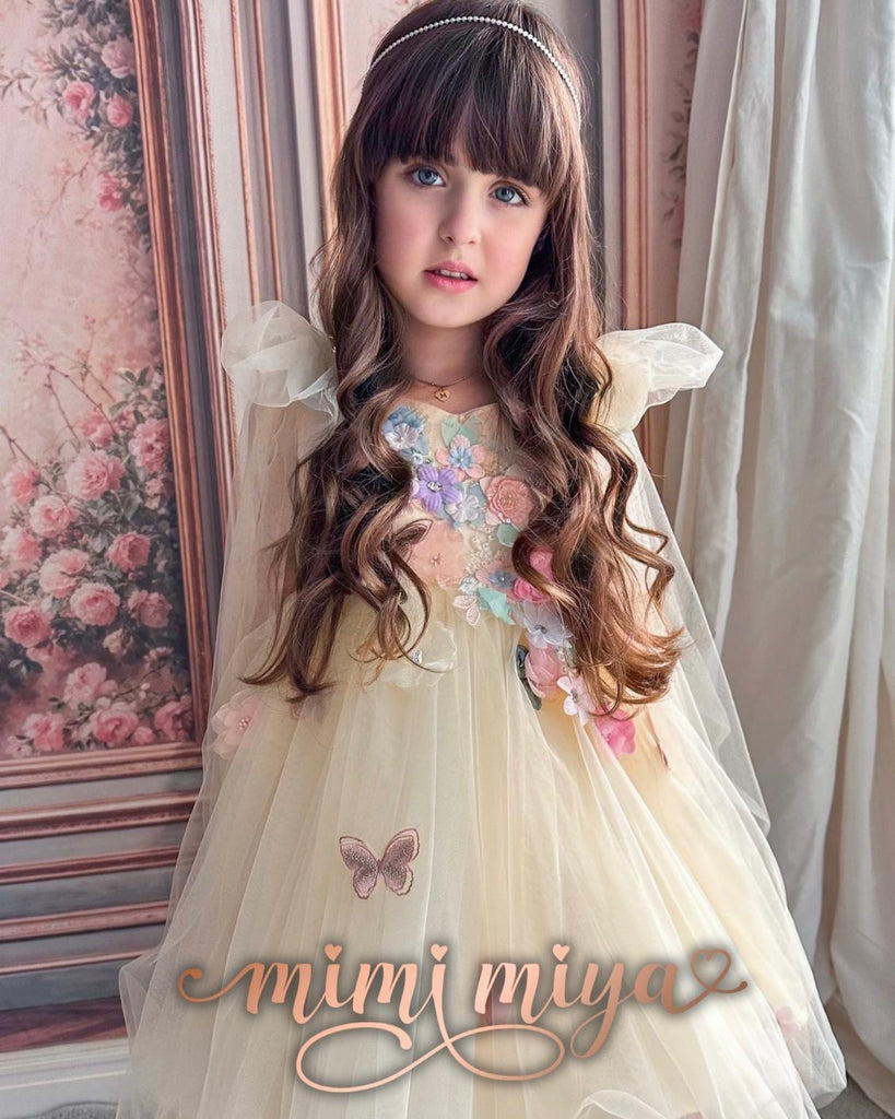 "Mariah" 3d Flower Girls Tulle Birthday/Party Dress - Yellow