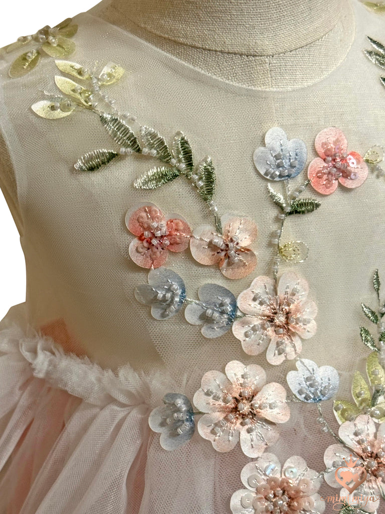 “Enchanted” Baby Floral Appliqué Tulle Romper Dress - Pink