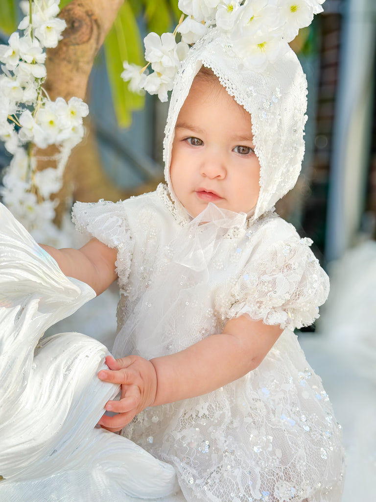 “Victoria” Girl’s Christening Dress / Gown with Detachable Overskirt in Sequinned Chantilly Lace - 2 styles in 1