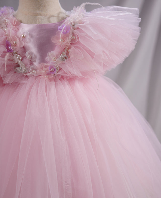 “Flor” 3D Flower Beaded Pink Tulle Girl’s Dress