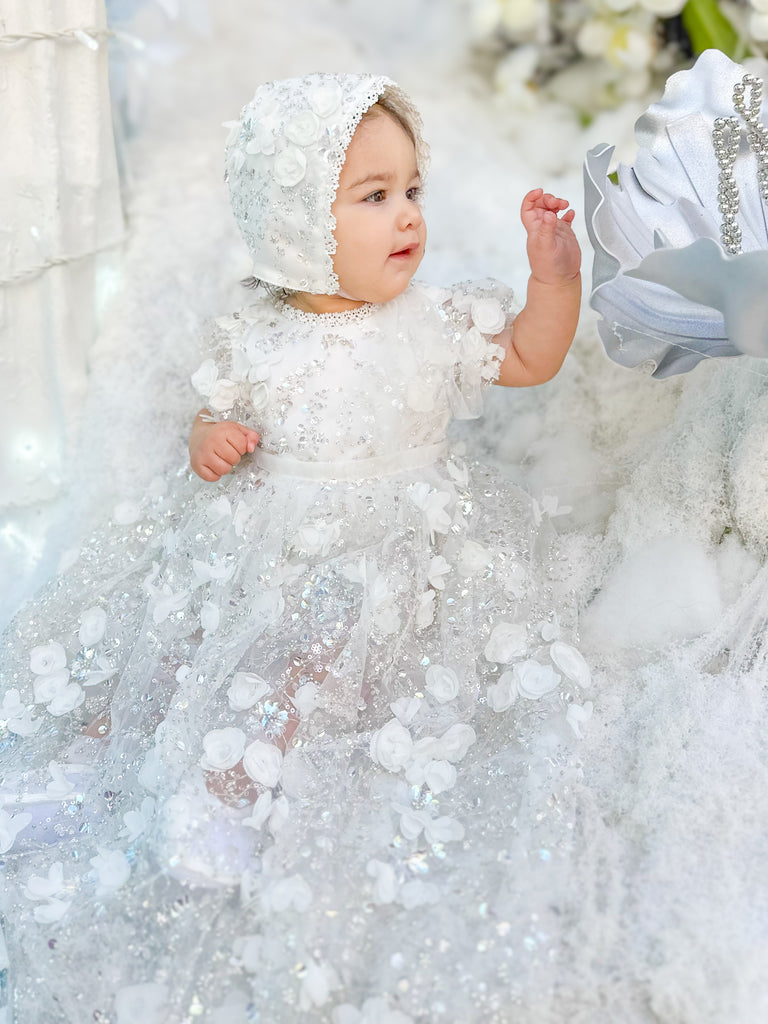 “Lily” Christening Dress / Gown with 3D Floral lace and detachable skirt - 2 styles in 1