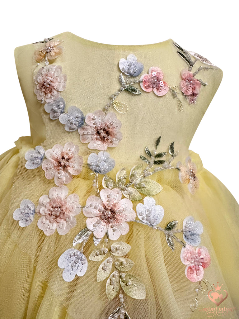 “Enchanted” Baby Floral Appliqué Tulle Romper Dress - Yellow