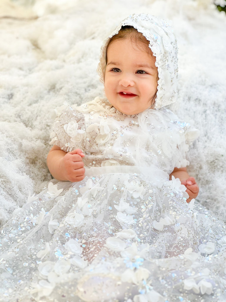 “Lily” Christening Dress / Gown with 3D Floral lace and detachable skirt - 2 styles in 1