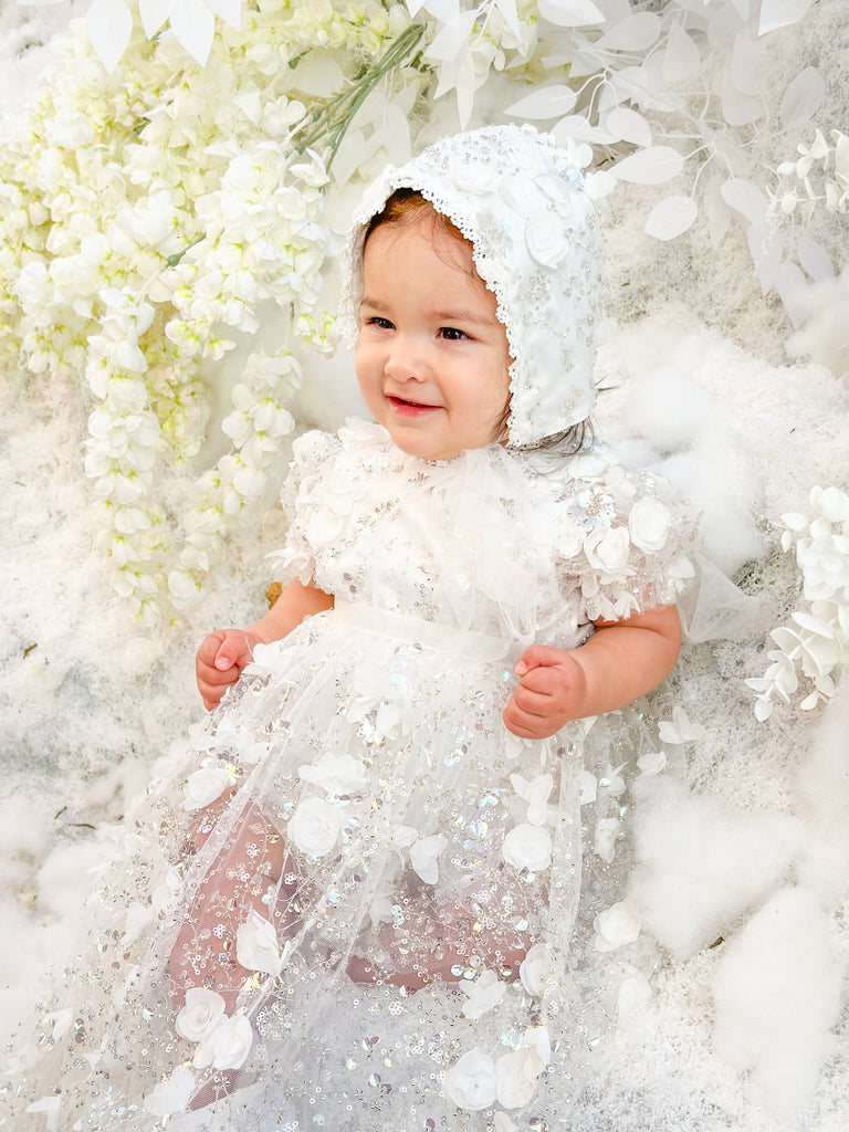 “Lily” Christening Dress / Gown with 3D Floral lace and detachable skirt - 2 styles in 1
