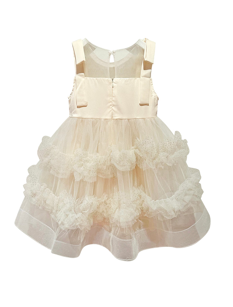 "Estela" Mimi Miya Embellished Tulle with Satin Bow on Shoulder Dress - Cream