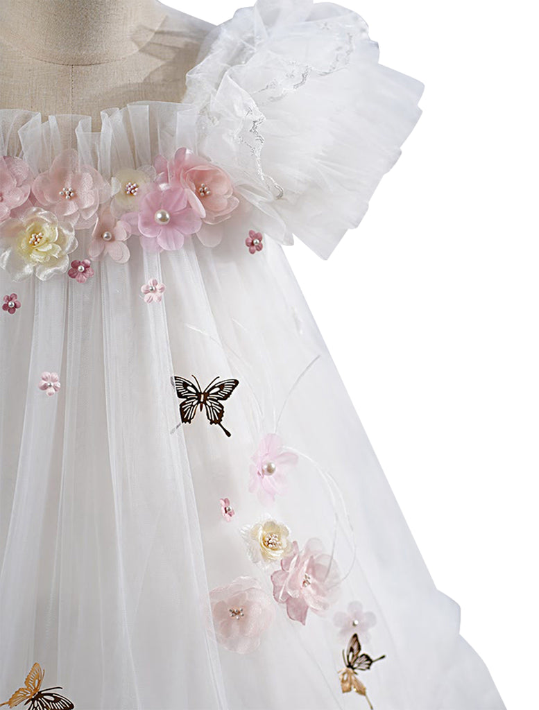 "Seraphina" 3d Flower and Butterfly Girls Tulle Dress with Wings - White