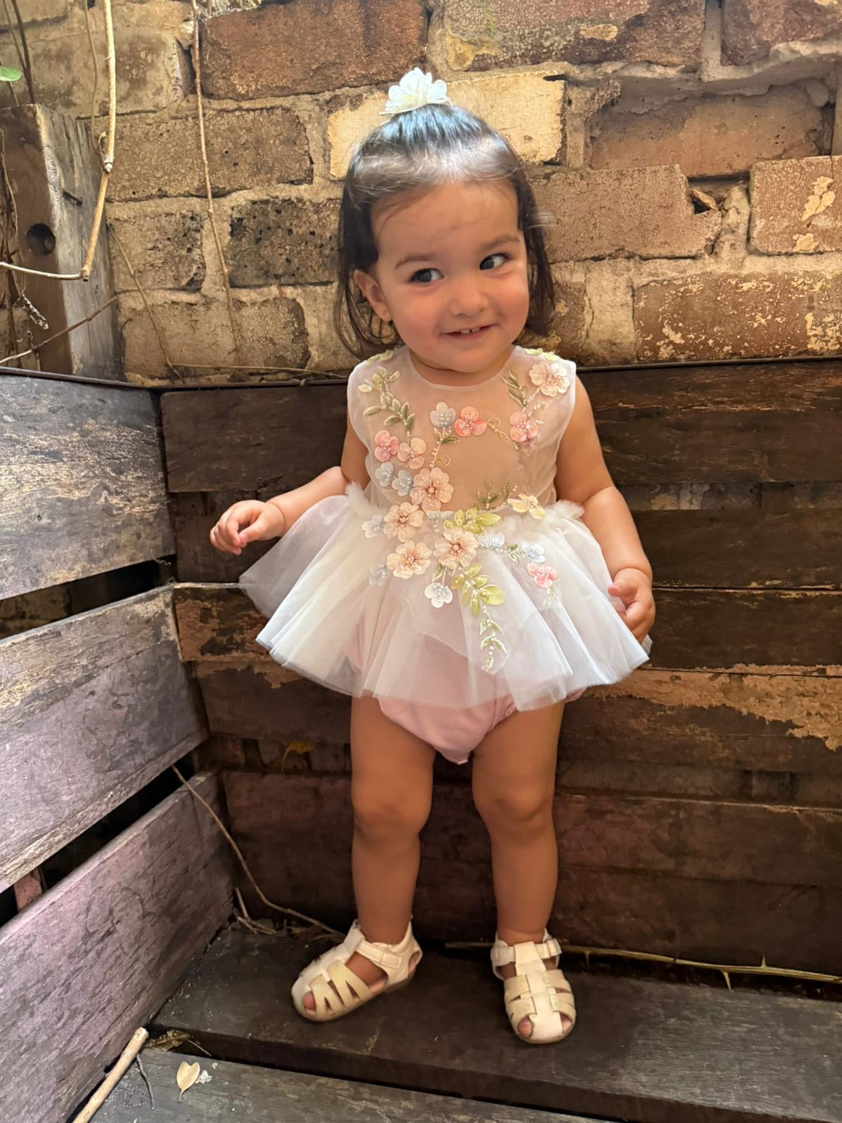 Enchanted” Baby Floral Appliqué Tulle Romper Dress - Pink | Mimi Miya