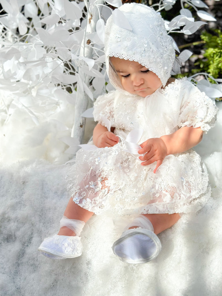 “Victoria” Girl’s Christening Dress / Gown with Detachable Overskirt in Sequinned Chantilly Lace - 2 styles in 1