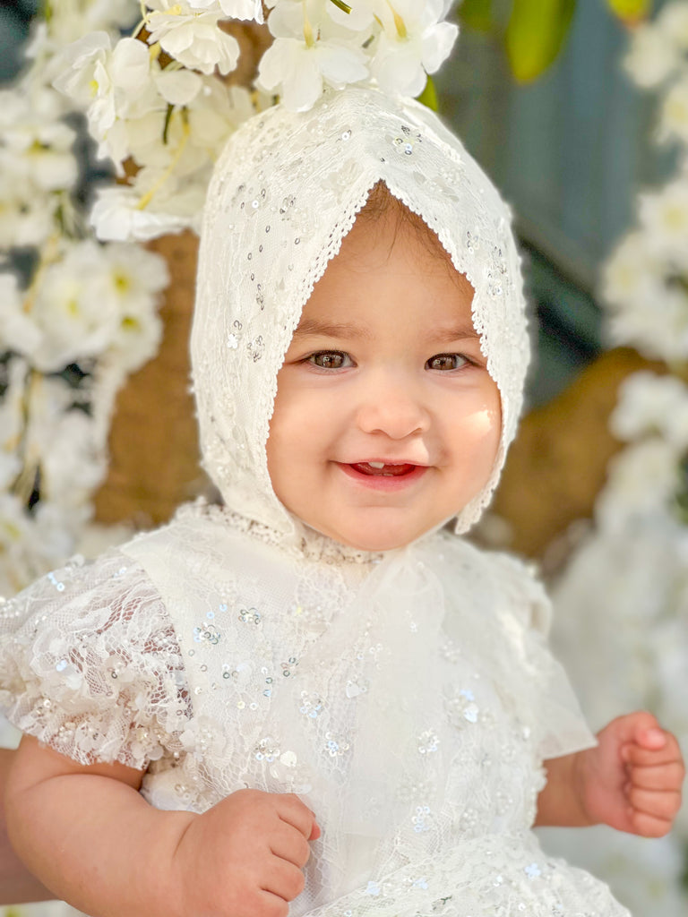“Victoria” Girl’s Christening Dress / Gown with Detachable Overskirt in Sequinned Chantilly Lace - 2 styles in 1