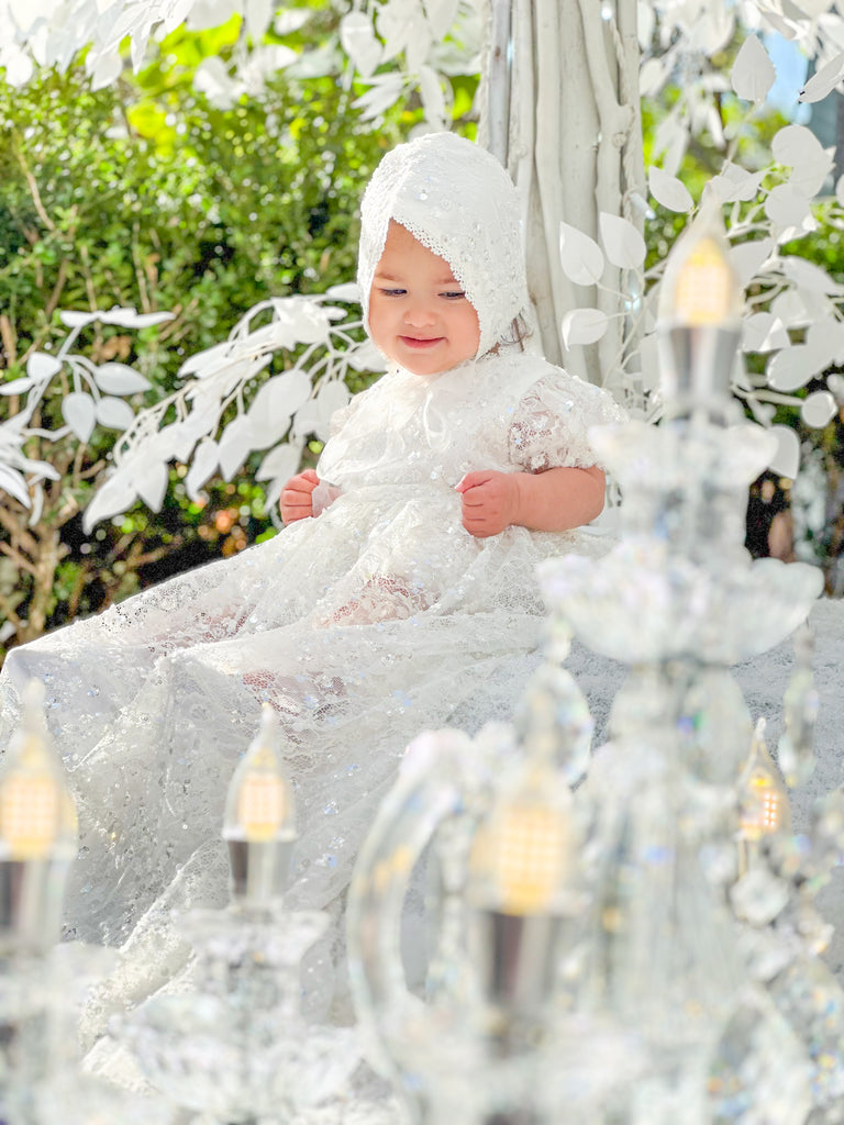 “Victoria” Girl’s Christening Dress / Gown with Detachable Overskirt in Sequinned Chantilly Lace - 2 styles in 1