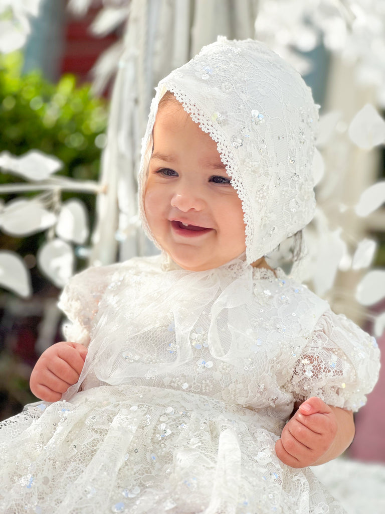 “Victoria” Girl’s Christening Dress / Gown with Detachable Overskirt in Sequinned Chantilly Lace - 2 styles in 1