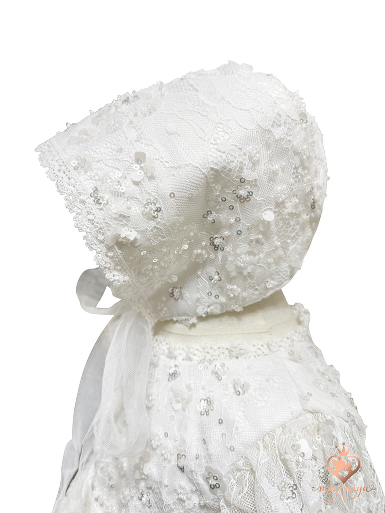 “Victoria” Girl’s Christening Dress / Gown with Detachable Overskirt in Sequinned Chantilly Lace - 2 styles in 1