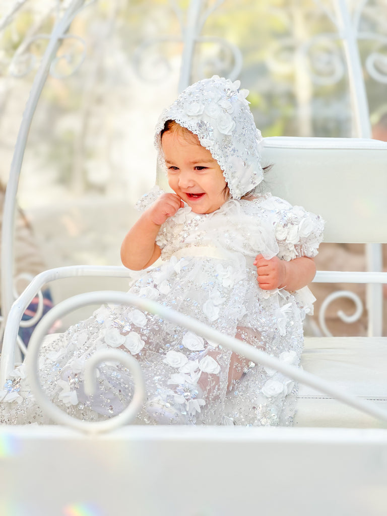 “Lily” Christening Dress / Gown with 3D Floral lace and detachable skirt - 2 styles in 1