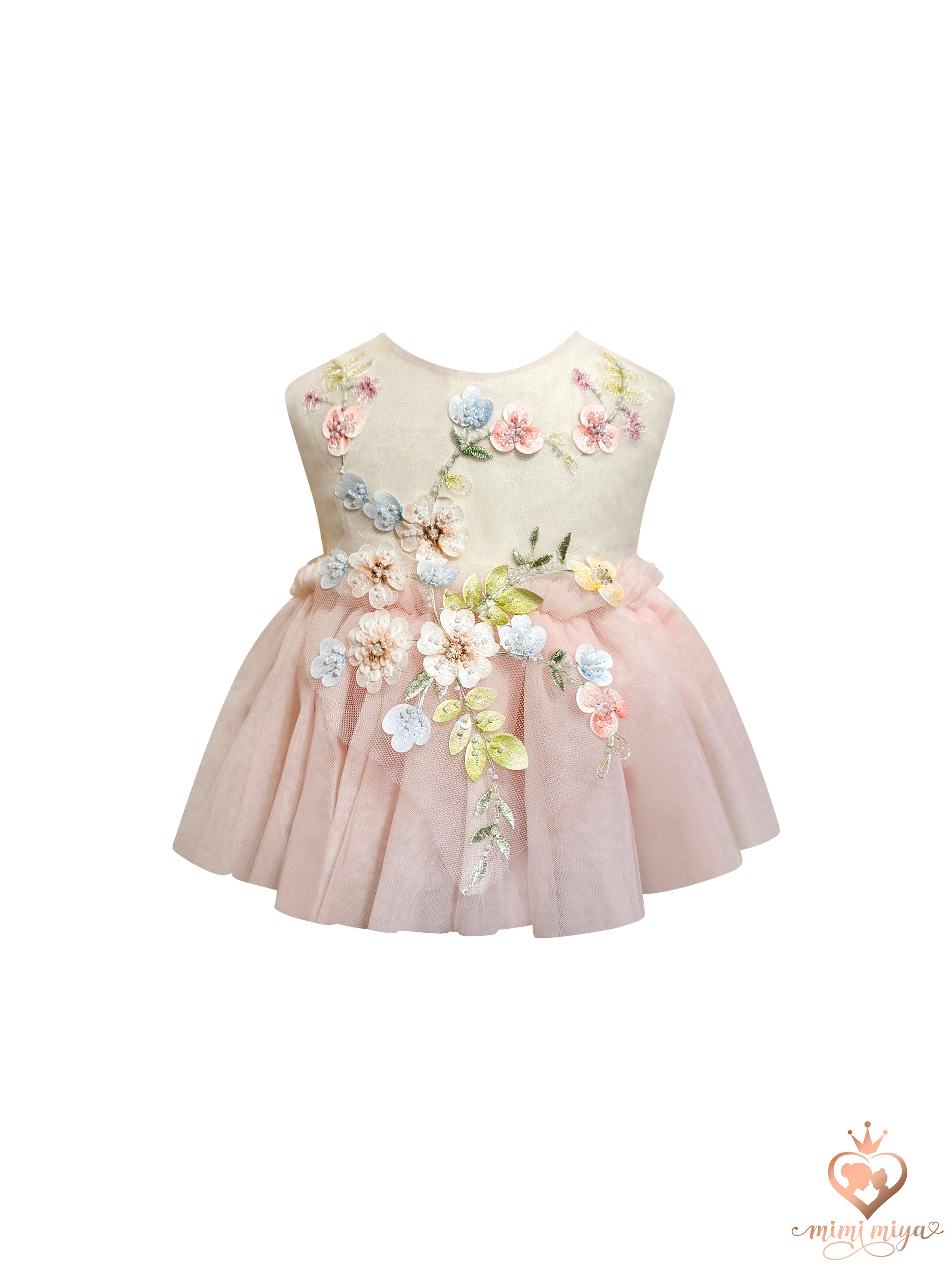 Enchanted” Baby Floral Appliqué Tulle Romper Dress - Pink | Mimi Miya