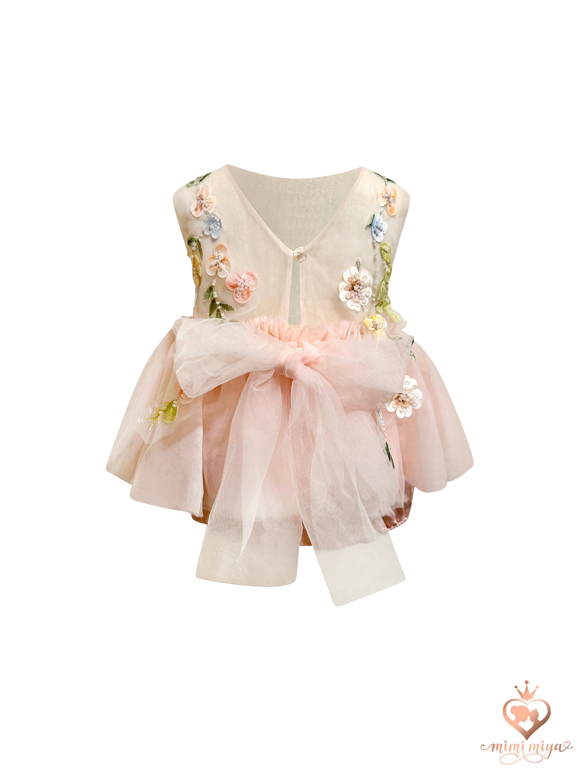 Enchanted” Baby Floral Appliqué Tulle Romper Dress - Pink | Mimi Miya