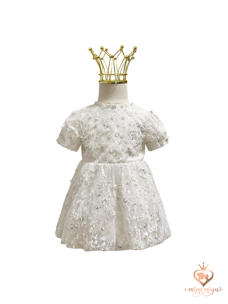 “Victoria” Girl’s Christening Dress / Gown with Detachable Overskirt in Sequinned Chantilly Lace - 2 styles in 1