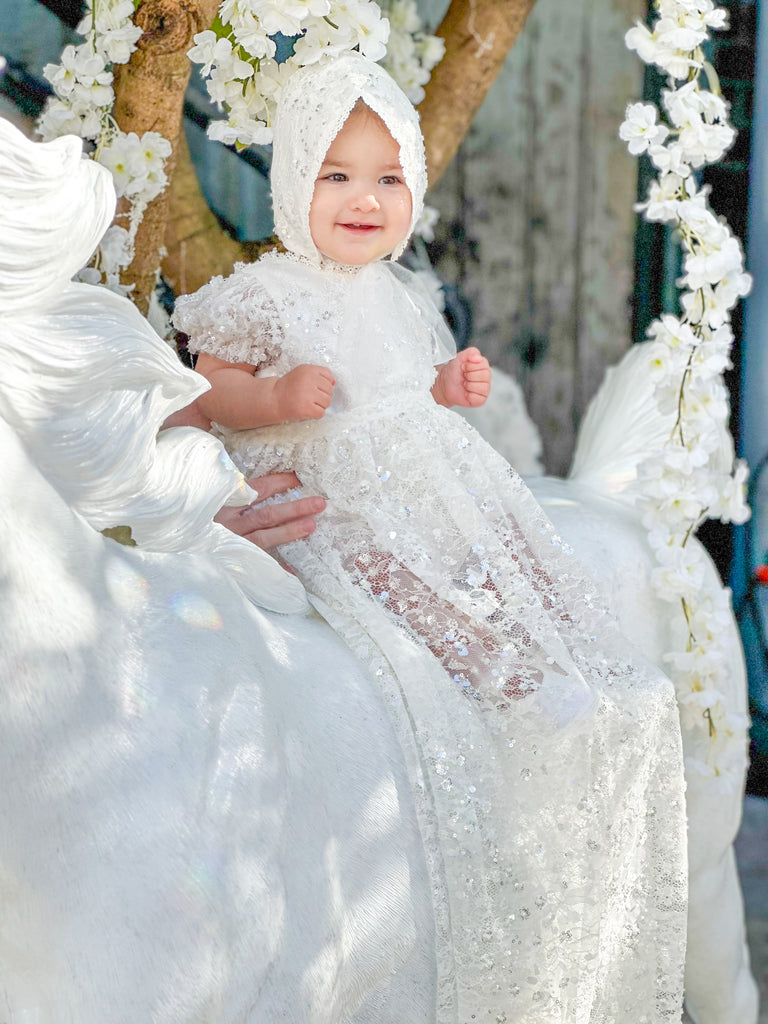 “Victoria” Girl’s Christening Dress / Gown with Detachable Overskirt in Sequinned Chantilly Lace - 2 styles in 1