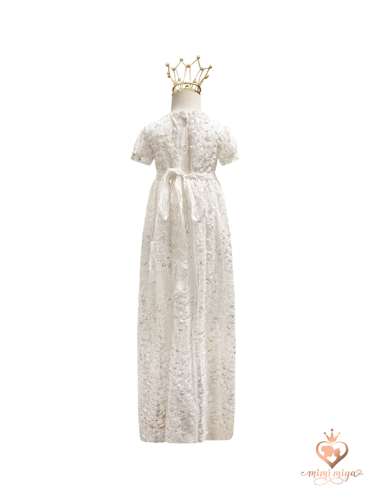 “Victoria” Girl’s Christening Dress / Gown with Detachable Overskirt in Sequinned Chantilly Lace - 2 styles in 1