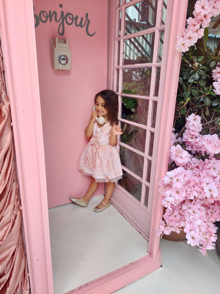 "Amelia" Pink Brocade Girl's Dress with Crystals