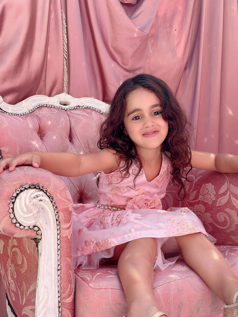 "Amelia" Pink Brocade Girl's Dress with Crystals