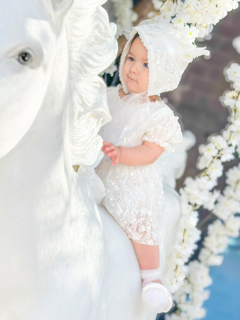“Victoria” Girl’s Christening Dress / Gown with Detachable Overskirt in Sequinned Chantilly Lace - 2 styles in 1