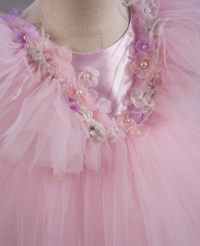 “Flor” 3D Flower Beaded Pink Tulle Girl’s Dress