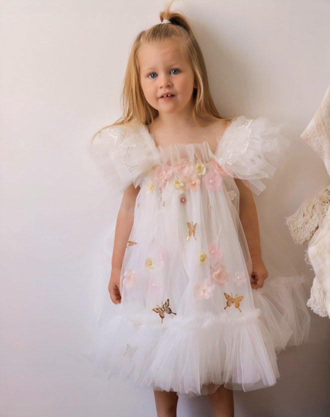 "Seraphina" 3d Flower and Butterfly Girls Tulle Dress with Wings - White