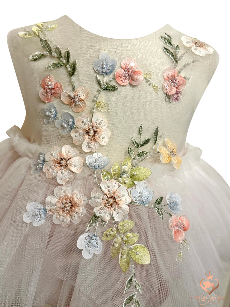 “Enchanted” Baby Floral Appliqué Tulle Romper Dress - White