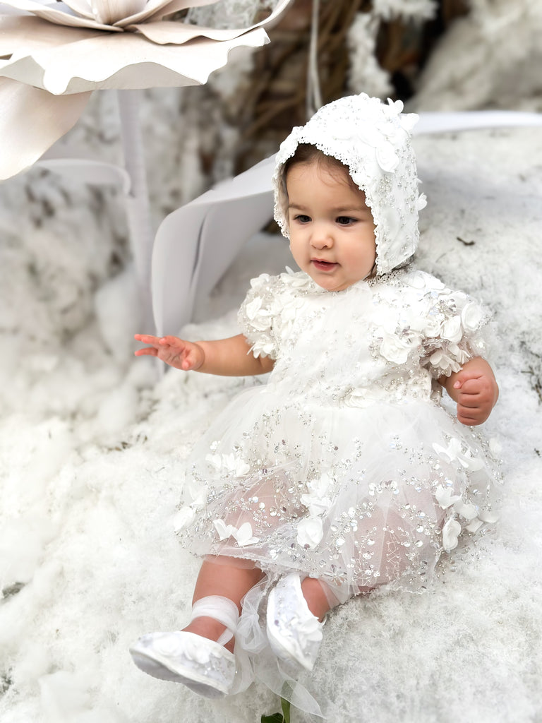 “Lily” Christening Dress / Gown with 3D Floral lace and detachable skirt - 2 styles in 1