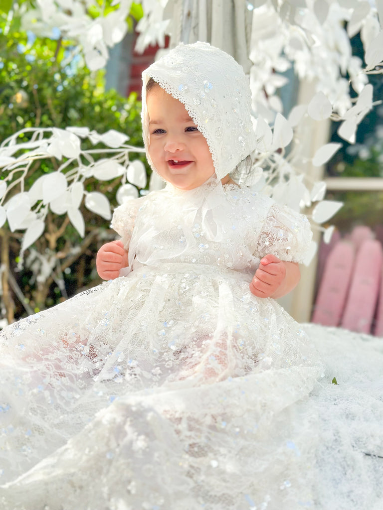 “Victoria” Girl’s Christening Dress / Gown with Detachable Overskirt in Sequinned Chantilly Lace - 2 styles in 1