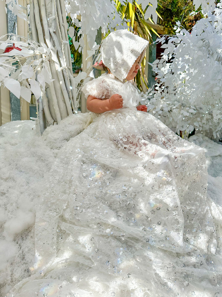 “Victoria” Girl’s Christening Dress / Gown with Detachable Overskirt in Sequinned Chantilly Lace - 2 styles in 1