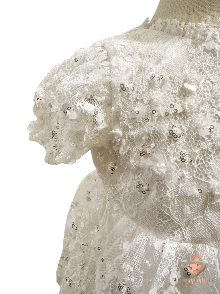 “Victoria” Girl’s Christening Dress / Gown with Detachable Overskirt in Sequinned Chantilly Lace - 2 styles in 1