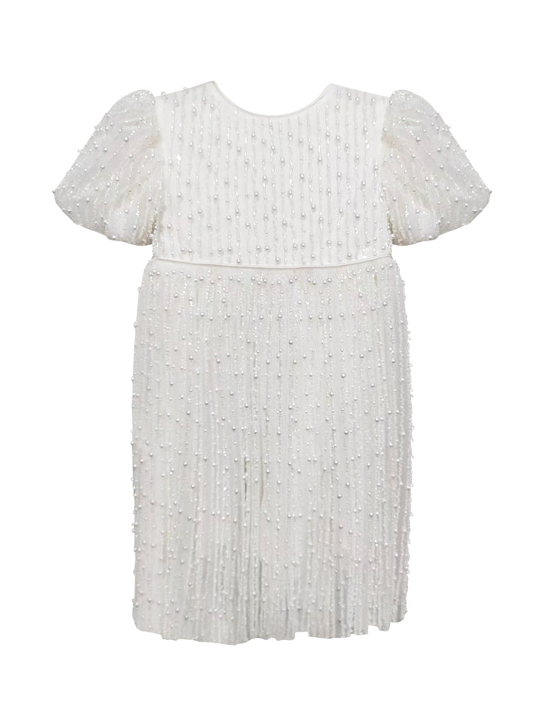 "Anja" Girl's Pearl Christening Dress with Feathers