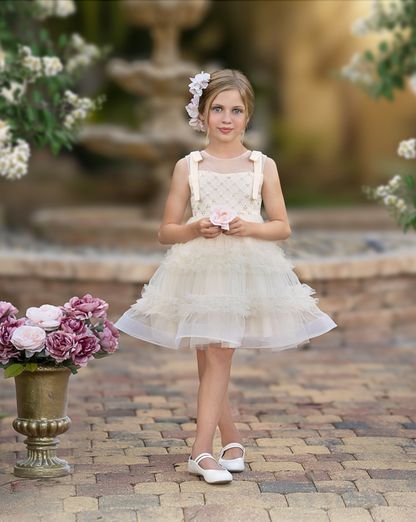 "Estella" Mimi Miya Sparkly Tulle Dress in Cream Ivory for Flower Girls front