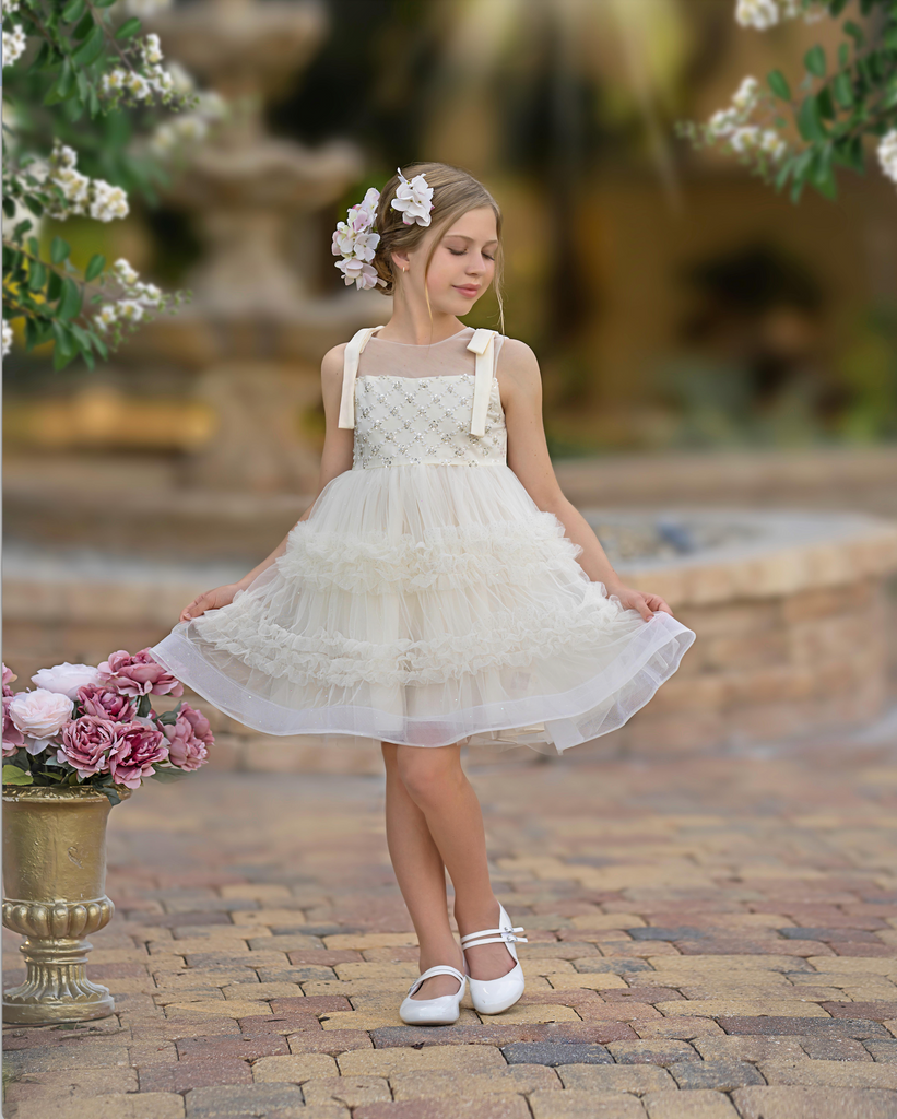 "Estella" Mimi Miya Sparkly Tulle Dress in Cream Ivory for Flower Girls front 2