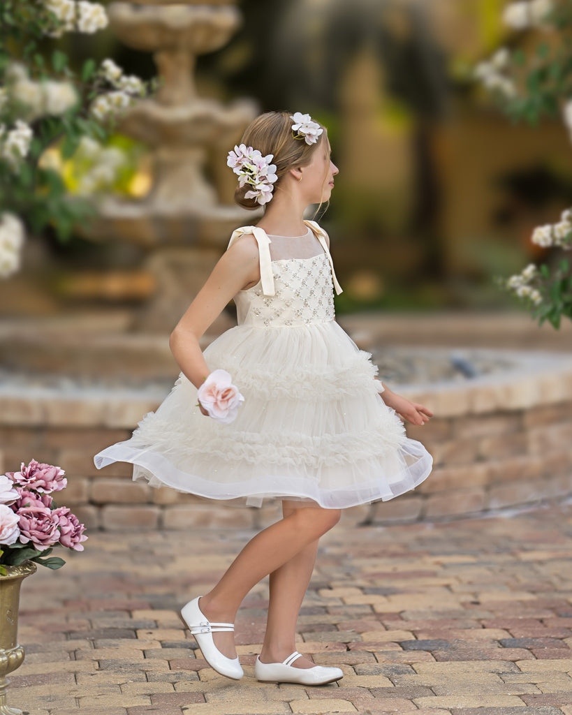 "Estella" Mimi Miya Sparkly Tulle Dress in Cream Ivory for Flower Girls side