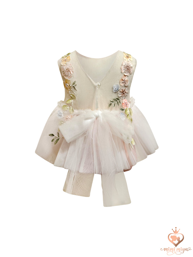 “Enchanted” Baby Floral Appliqué Tulle Romper Dress - White