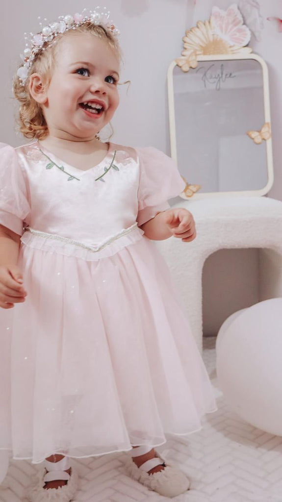 "Victoria" Embroidered Tulle Girls Dress with Puffy Sleeves - Pink