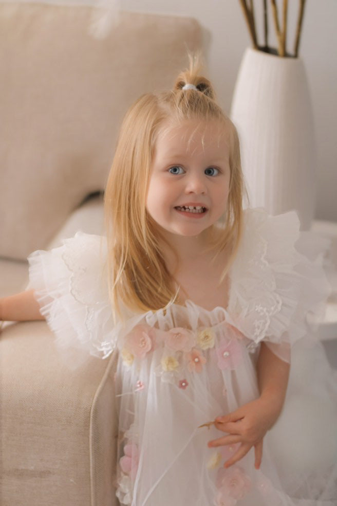 "Seraphina" 3d Flower and Butterfly Girls Tulle Dress with Wings - White