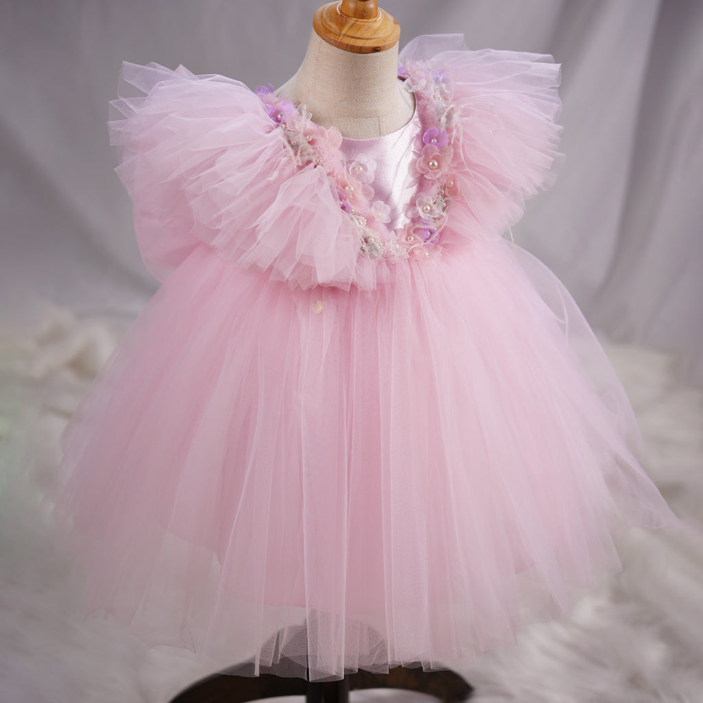 “Flor” 3D Flower Beaded Pink Tulle Girl’s Dress