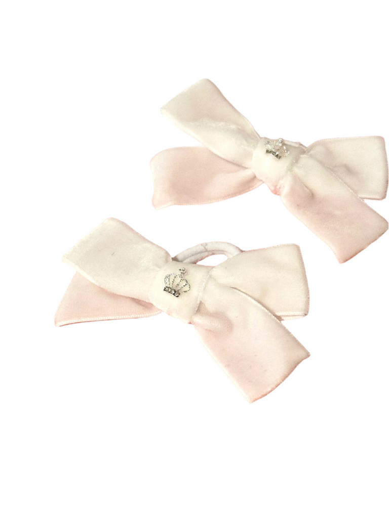 "Miya" Girl's Bow Princess Crown Embellished Velvet Hair Ties - 2 pcs set