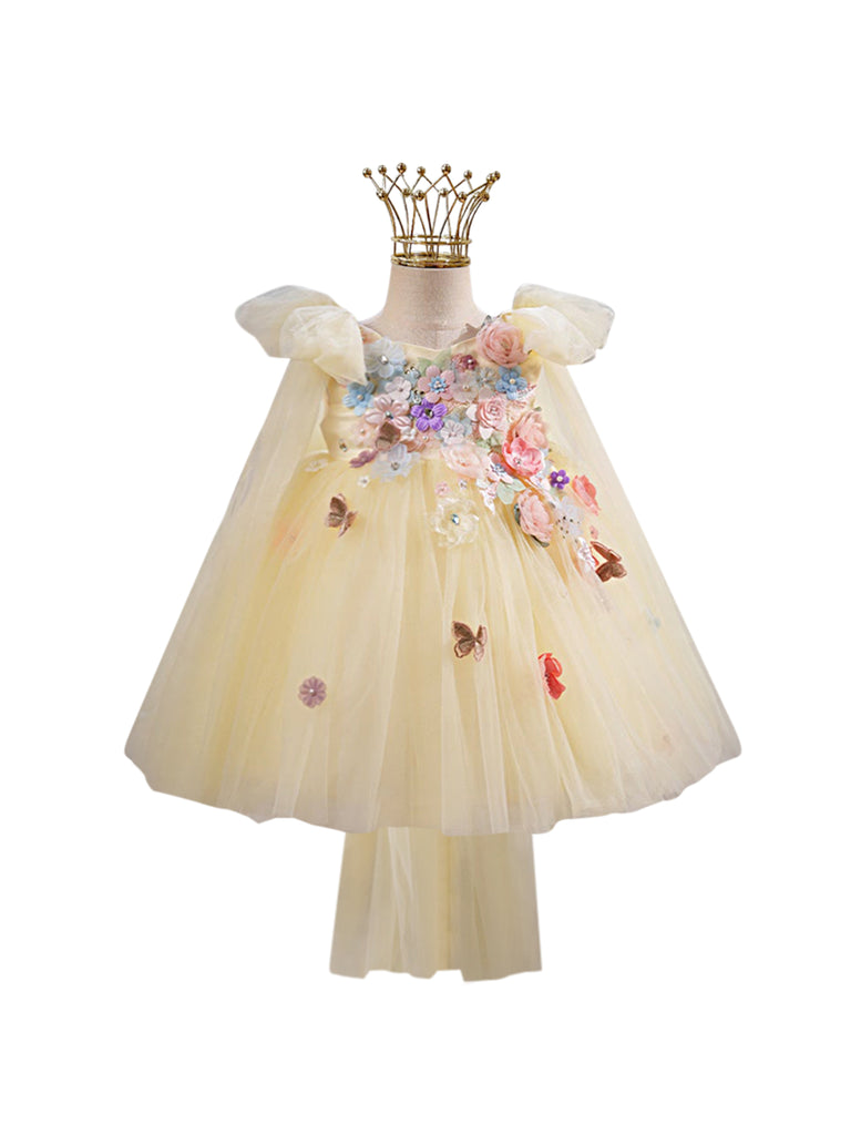 "Mariah" Mimi Miya 3d flower tulle girls couture dress - Yellow - front