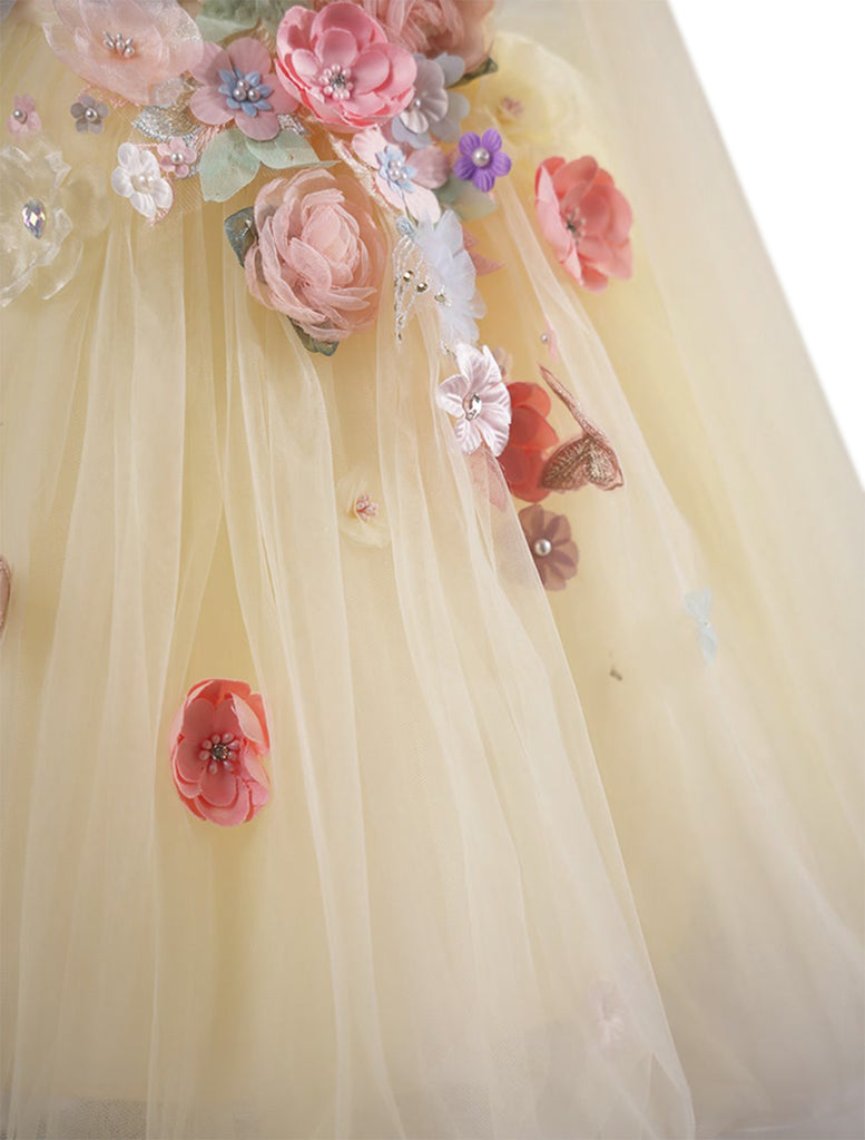 "Mariah" Mimi Miya 3d flower tulle girls couture dress - Yellow - close up