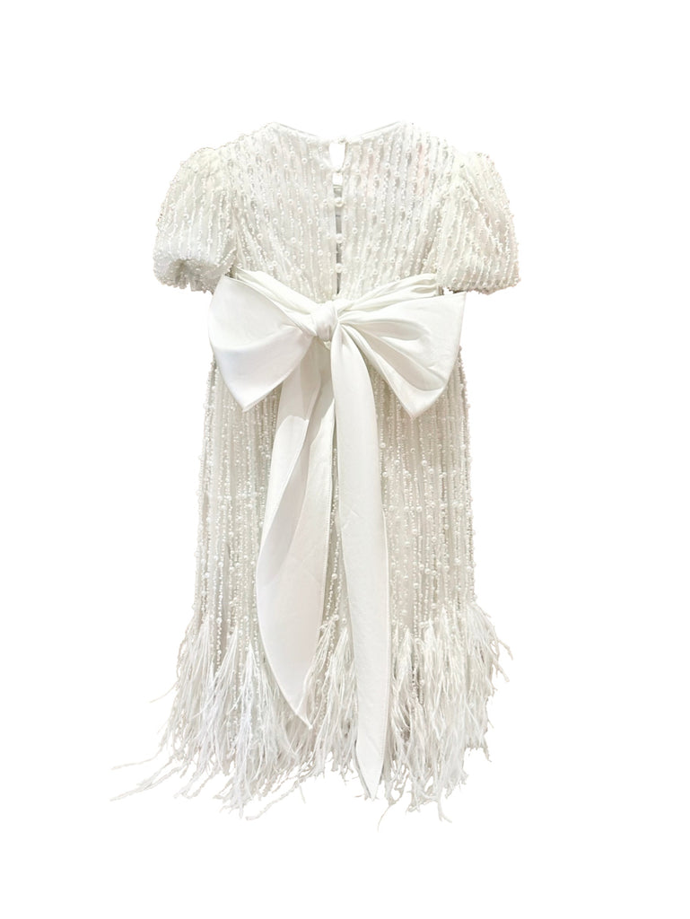 "Anja" Girl's Pearl Christening Dress with Feathers