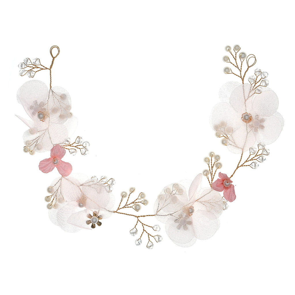 Bela' pink and white floral hair vine for flower girls, perfect for weddings and special occasions, featuring delicate pink and white blooms.